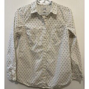 Old Navy Anchor Shirt Small Nautical 100% Cotton White Navy Button Down Pockets